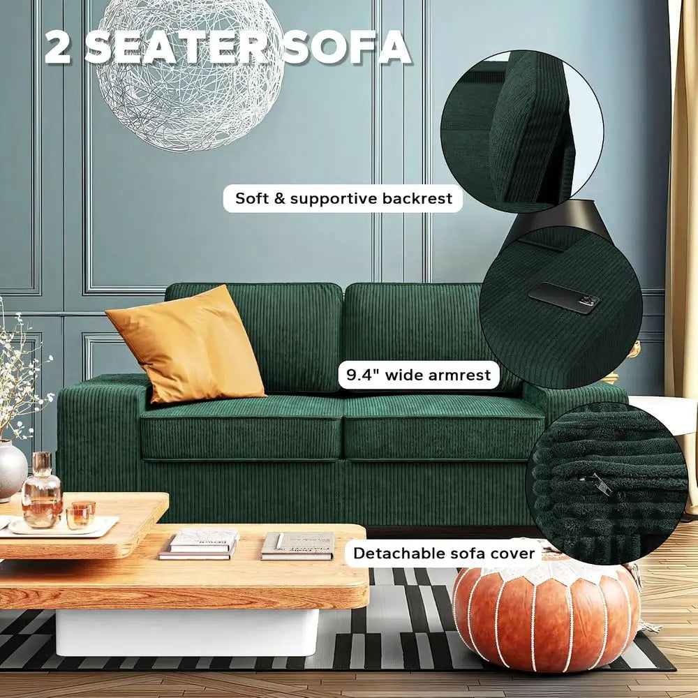 Retro Corduroy Loveseat | Corduroy Fabric | 4 Side Pockets | Green