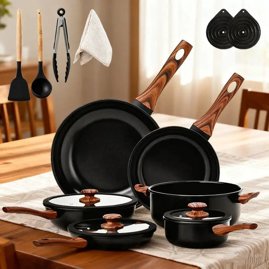 Woodgrain Handle Ceramic Cookware Set, 20pcs Nonstick Pots & Pans, Stackable Kitchen Set for Induction Hob, Complete Cooking Solution in Black from PriceLows™