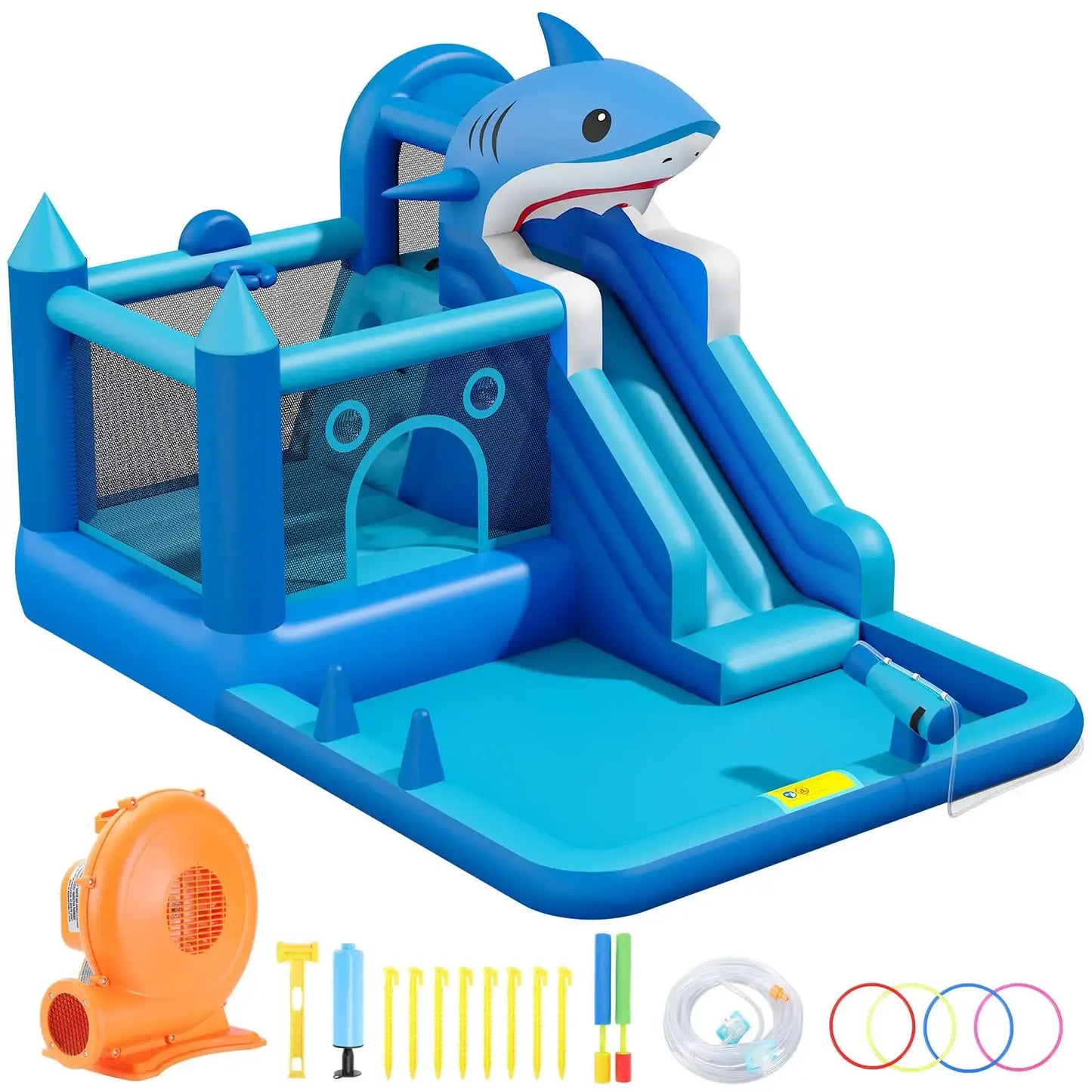 Shark Inflatable Water Park Bounce House With Slide & Blower, Splash Pool, Climbing Wall, Water Cannon, Hoop For Backyard Kids from PriceLows™