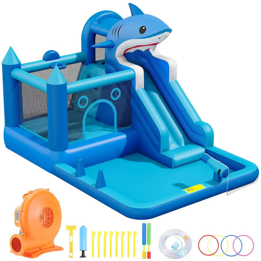 Shark Inflatable Water Park Bounce House With Slide & Blower, Splash Pool, Climbing Wall, Water Cannon, Hoop For Backyard Kids from PriceLows™