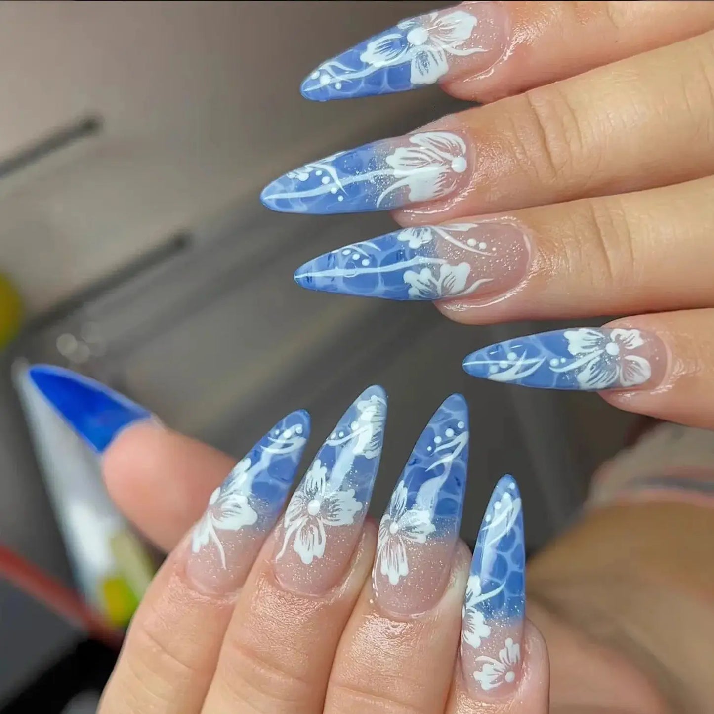 Press On Nails | Resin Coffin Shape | French Floral Print | 24 Pieces