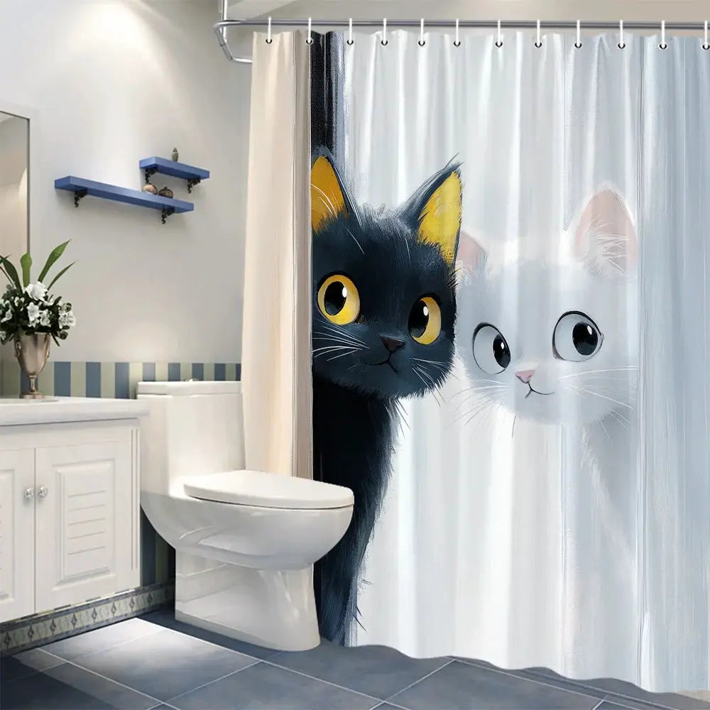 1pc Playful Cartoon Cat Shower Curtain - Black and White Peeking Cats Design with Pastel Background from PriceLows™
