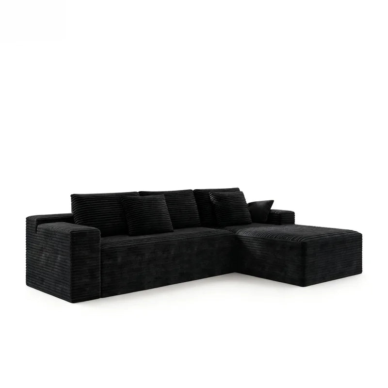 Modular Sectional Sofa | Plush Corduroy Fabric | Black | 2-Piece Configuration