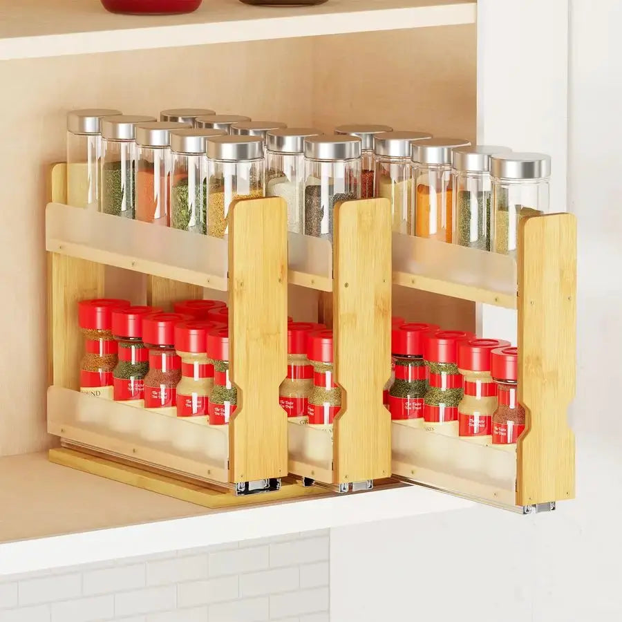 Bamboo Pull Out Spice Rack Organizer for Cabinet, Heavy Duty Slide Out Seasoning Kitchen Pantry Sliding Vertical Organization, 7 from PriceLows™