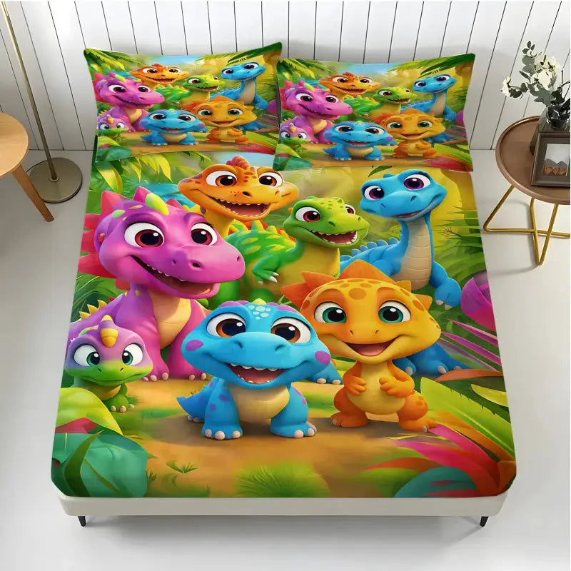 Vibrant Jungle Dinosaur Fitted Sheet Set, Skin-Friendly Fabric Bed Sheet, Deep Pocket Design for Twin/Full/Queen Size Beds from PriceLows™