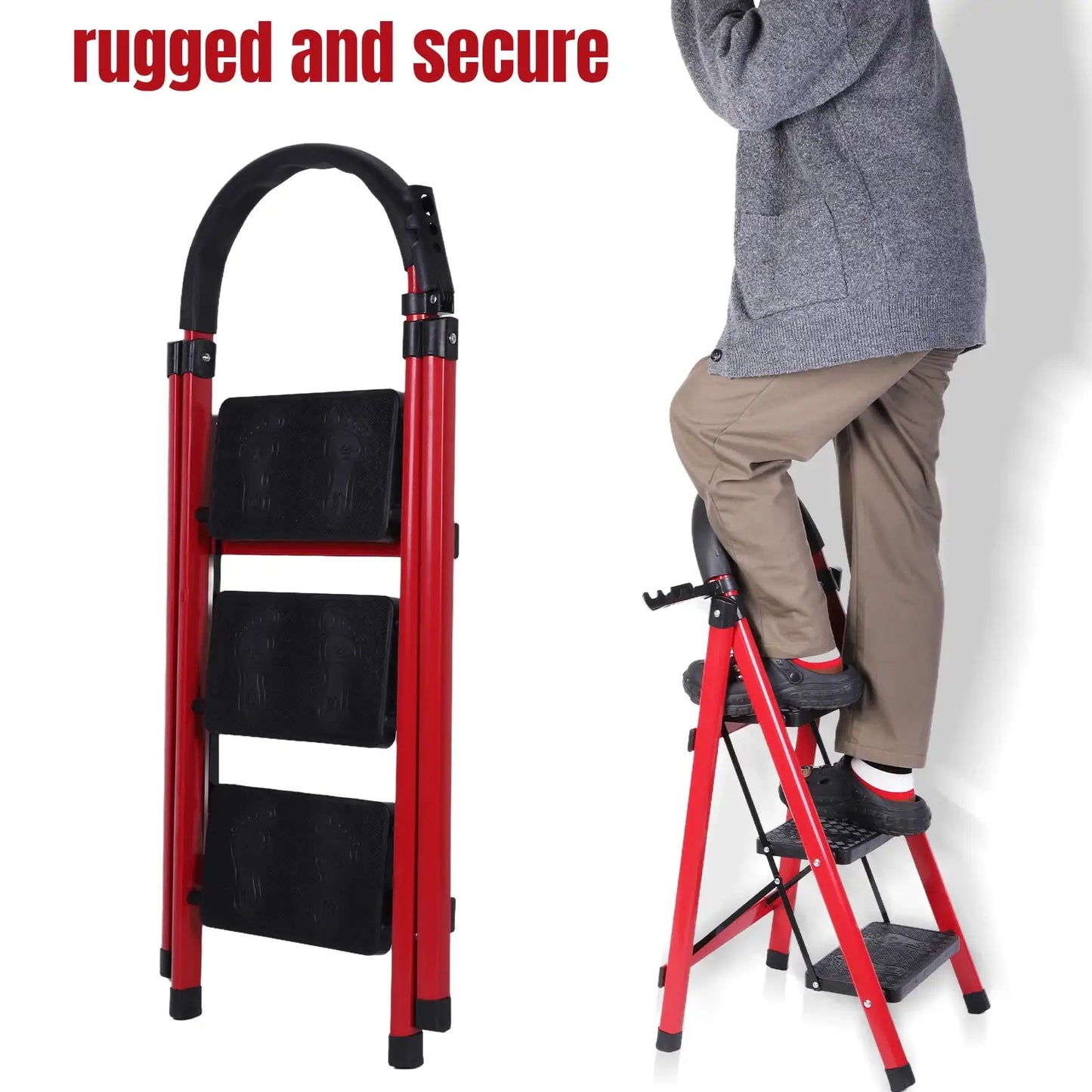 3 Step Folding Ladder Sturdy Steel Ladder Max Load Capacity 330lbs Sturdy& Portable Stepping Stools for Working Indoor/Outdoor from PriceLows™