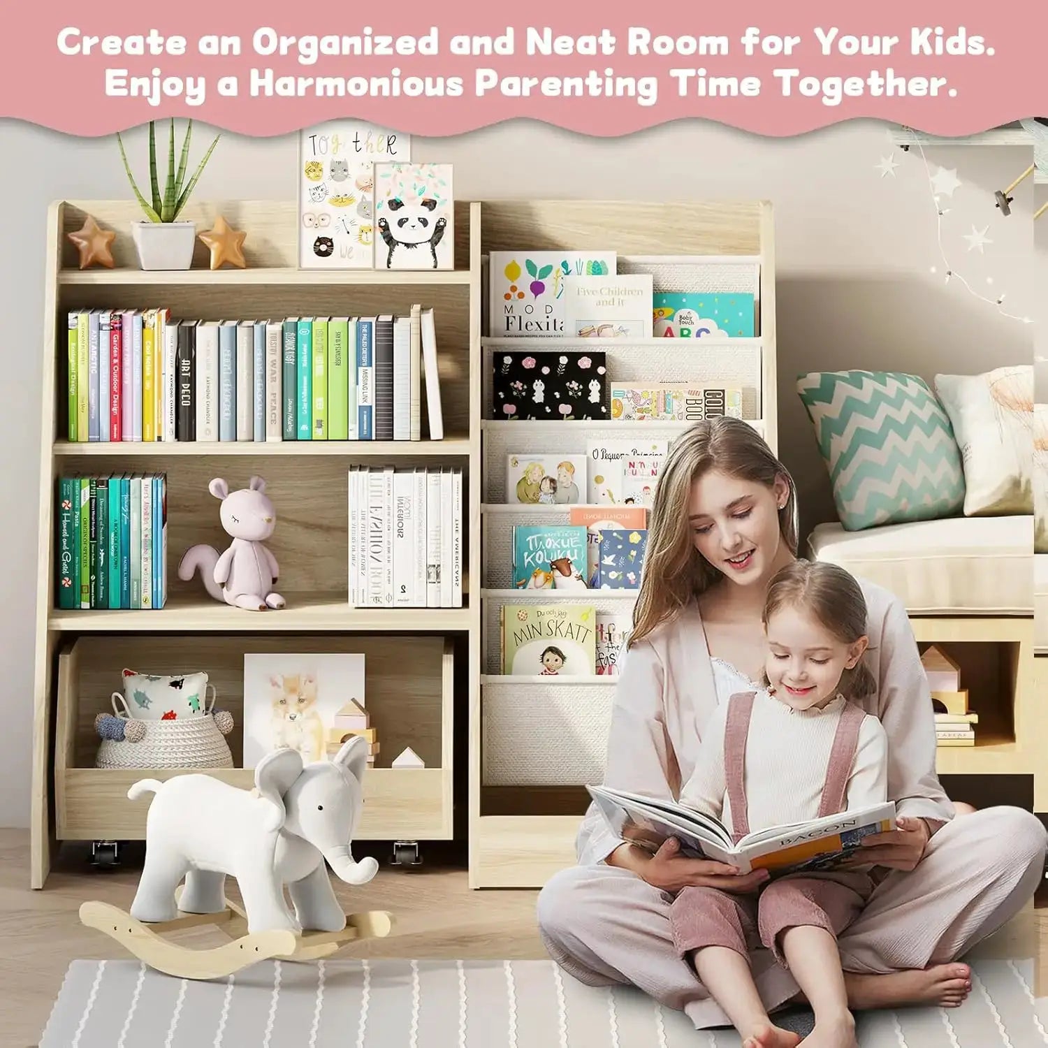 4-Tier Kids Bookshelf with Movable Drawer & 5 Pockets, Montessori Toy Storage for Playroom Nursery from PriceLows™