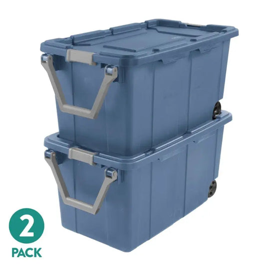 Industrial storage bin for warehouse use, durable plastic, blue, 40-gallon capacity with latching lid and pull handle, extra-la from PriceLows™