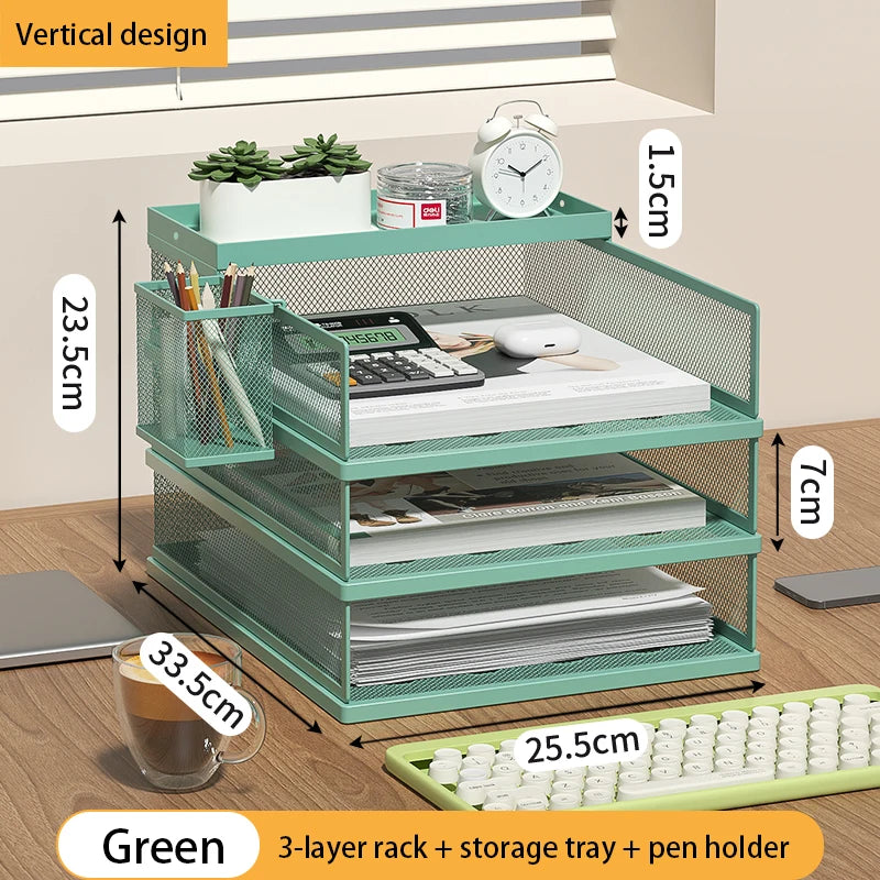 Stackable Letter Tray | 4-Tier | Green Metal | Pen Holder Included