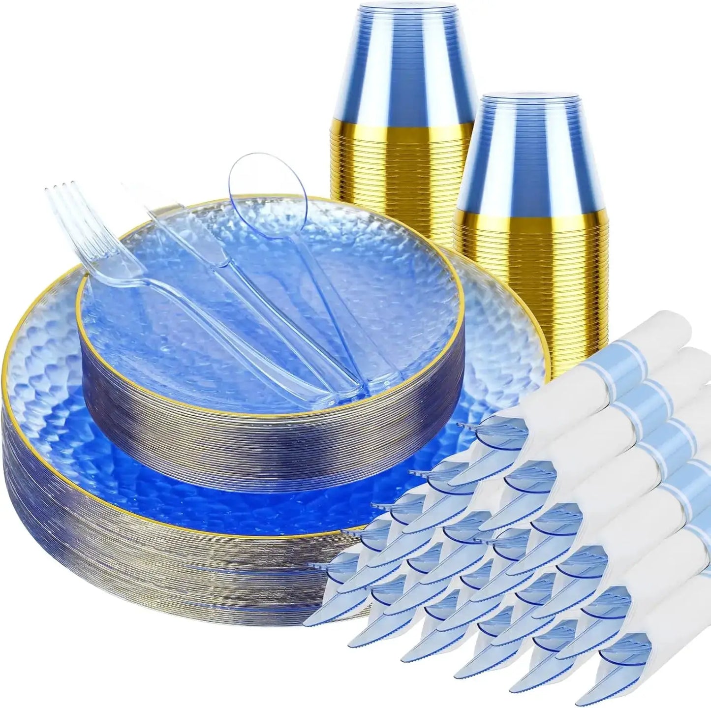 175PCS Gold and Blue Plastic Dinnerware Set – Clear Blue Disposable Plate with Gold Rim Include Dinner Plates, Dessert Plate from PriceLows™