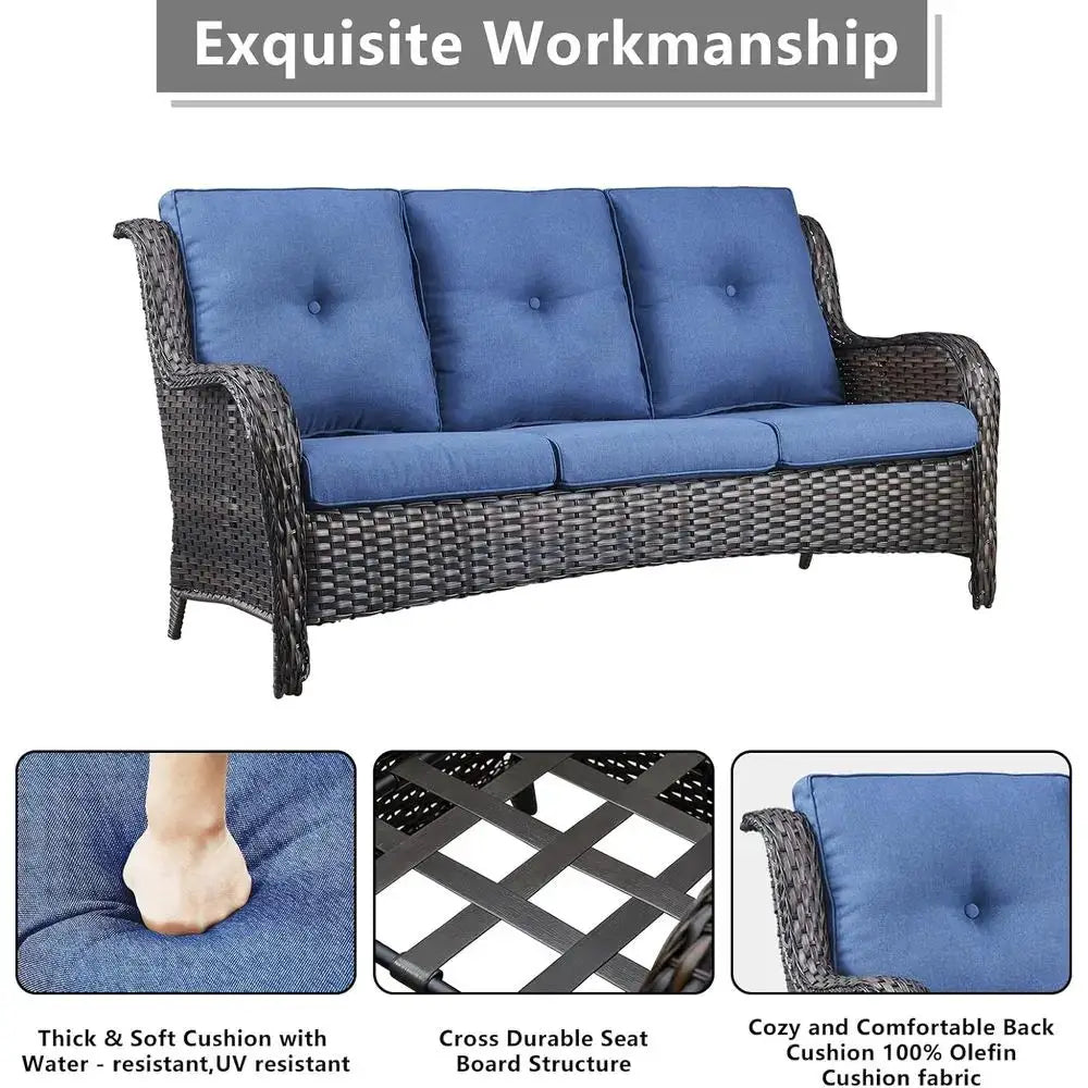 3-Piece Outdoor Wicker Patio Furniture Set with Sofa and 2 Ottomans - Rattan Garden Deck Seating (Brown/Blue) from PriceLows™