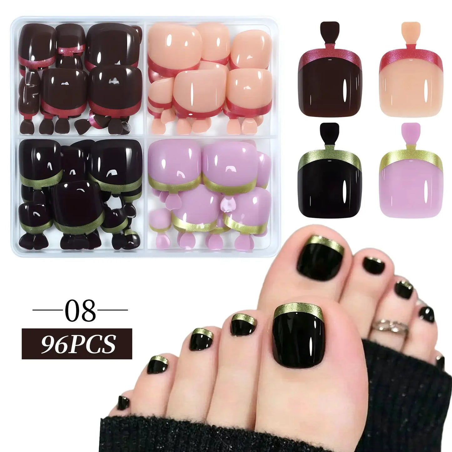 96pcs/Box French/Cat Eye Toe Nail Stickers Y2K Square Nail Tips Toe Press On Nails Pre-Designed Soft Gel Thickened Fake Toenails from PriceLows™