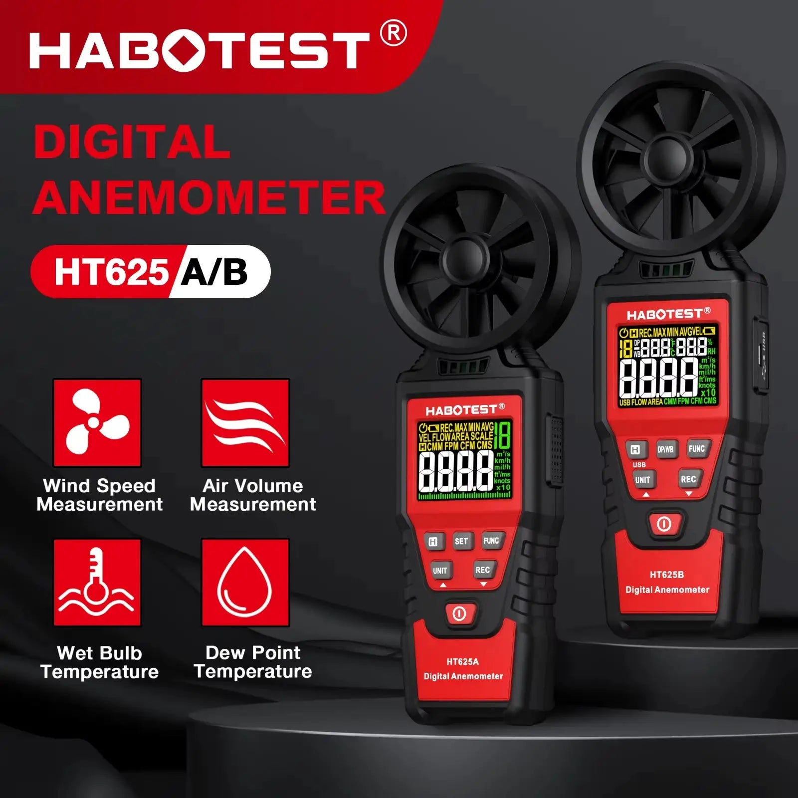 HABOTEST HT625 Anemometer Portable Wind Speed Meter Air Velocity Gauge Windmeter Digital Handheld Anemometer LCD Display from PriceLows™