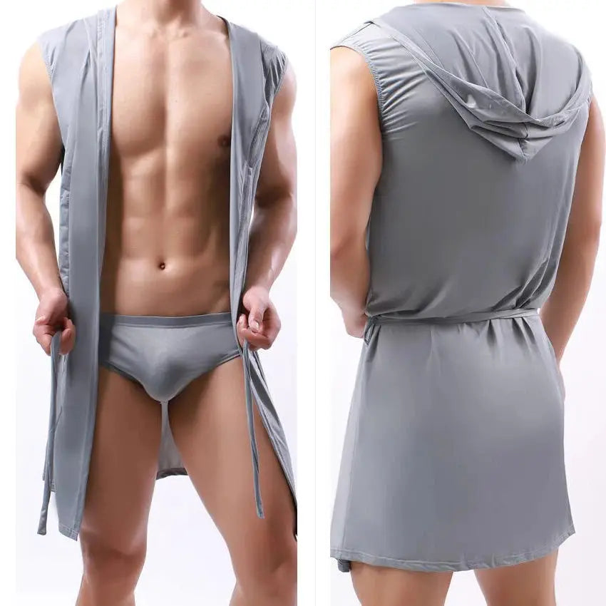 Men Hooded Bathrobe | Sleeveless Cut | Lightweight Mesh | Solid Pattern