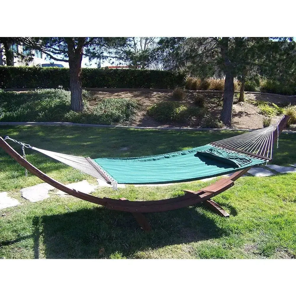 Two-Person Wooden Arc Hammock Stand with Deluxe Quilted Double Padded Bed and Pillow, 450 LB Capacity, Coffee Stain/Elegant Hunt from PriceLows™