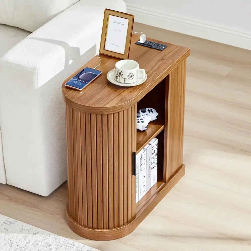 End Table, Narrow Side Table, Skinny Nightstand with Charging Station, MidCentury Modern Curved Fluted Bedside Table with Door from PriceLows™