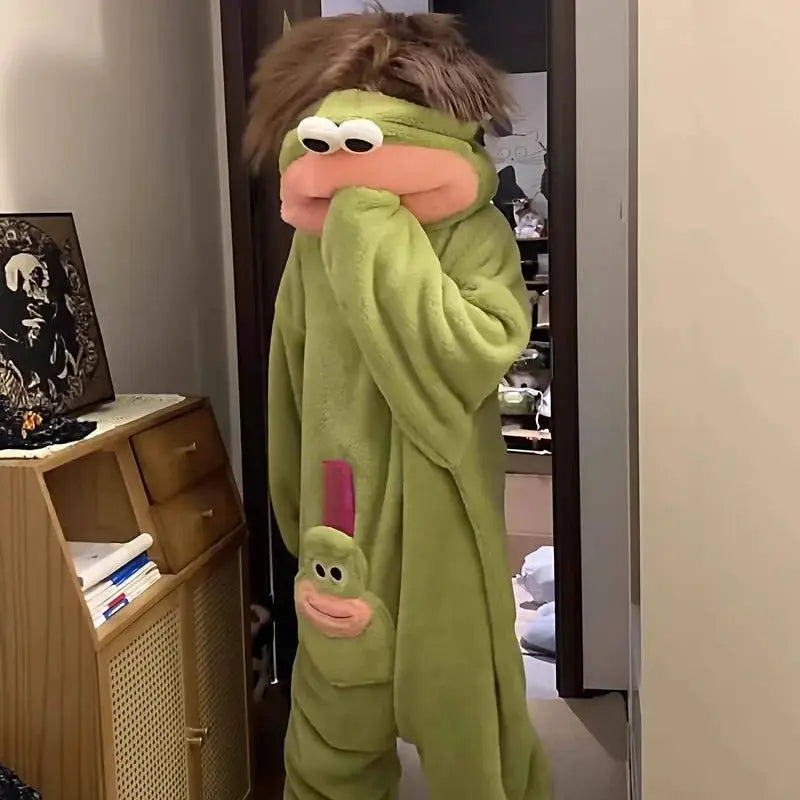 Hot Big Mouth Monster Cute Funny Onesie Pajamas Thickened Coral Fleece Homewear For Couples Men Women Autumn Cartoon Pajamas from PriceLows™