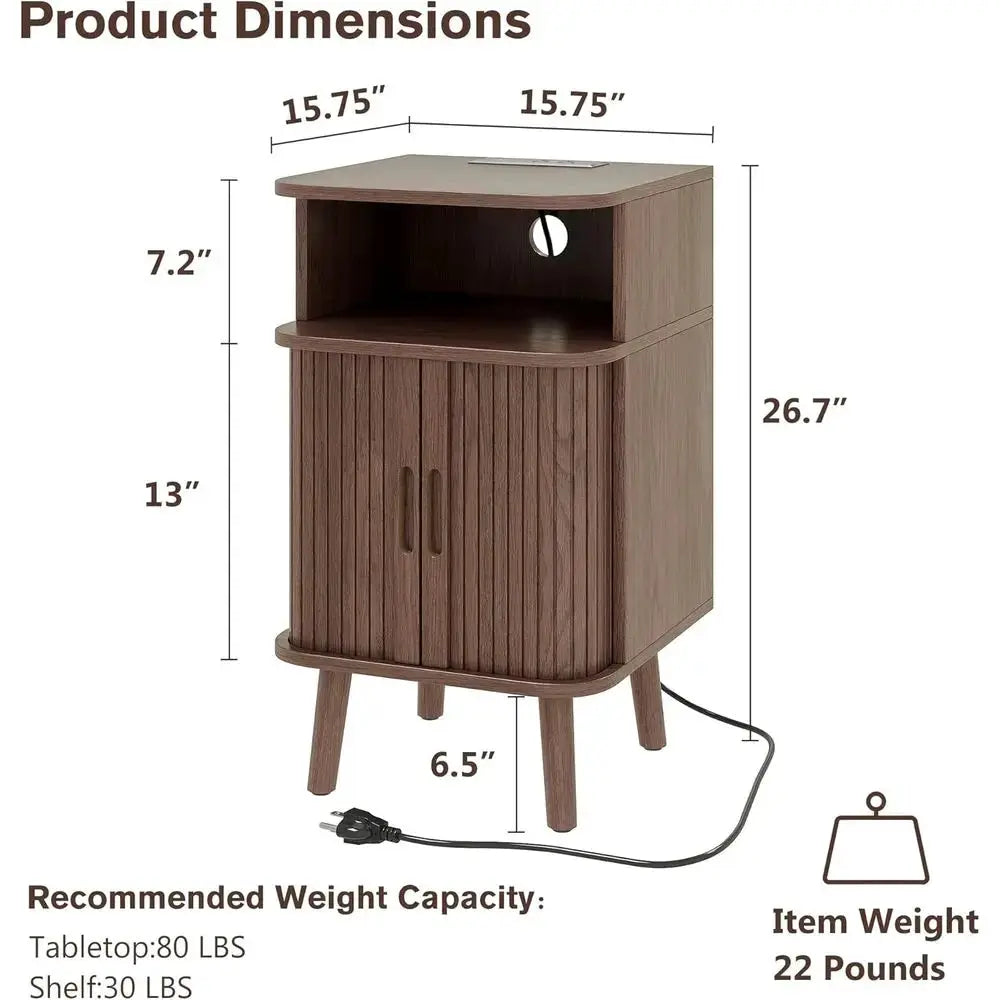 2-Piece Nightstand Set with Charging Station, Modern Walnut End Tables, Curved Edge Wood Side Table from PriceLows™