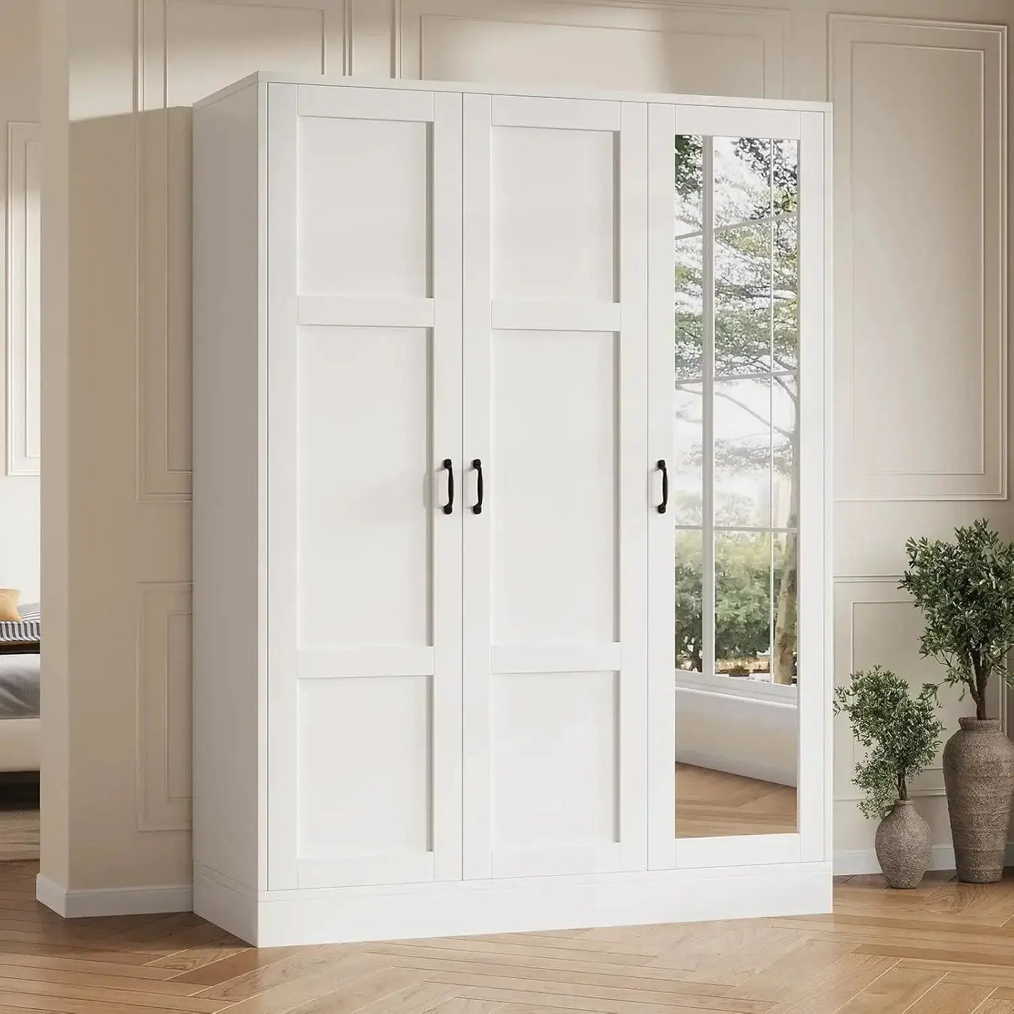 3-Door Armoire with Full-Length Mirror, Adjustable Shelves & Hanging Rod, Freestanding Storage Cabinet for Bedroom, White from PriceLows™