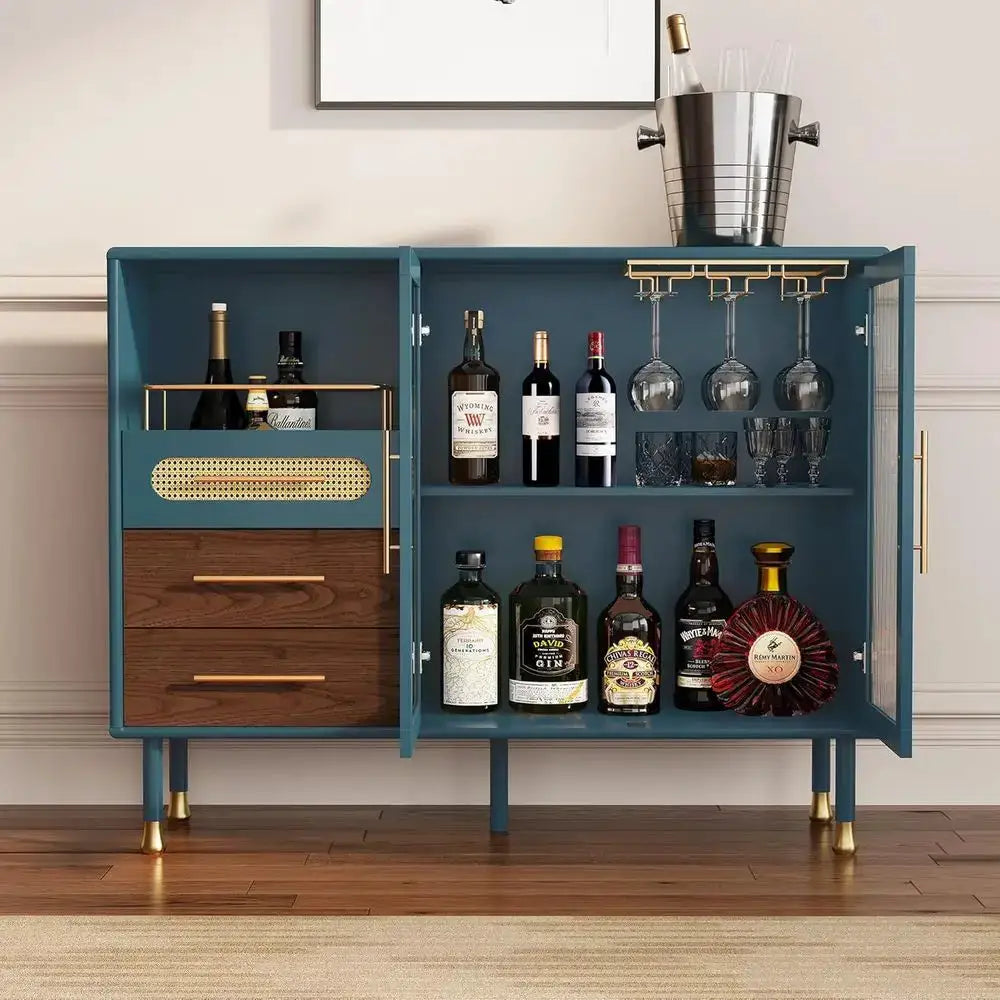 48-Inch Coffee Bar Cabinet with Wine Racks and Drawers, Blue Sideboard for Pull-Out Storage, Ideal for Home Bar Carts in Kitchen from PriceLows™