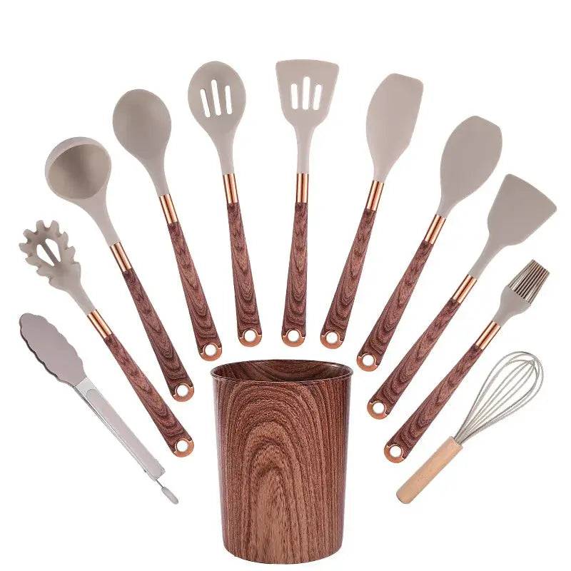 Silicone Wood Grain Kitchenware 11-piece Set Non-stick Pan, Spoon Set, Anti-scalding Wood Grain Handle Cooking Utensils from PriceLows™