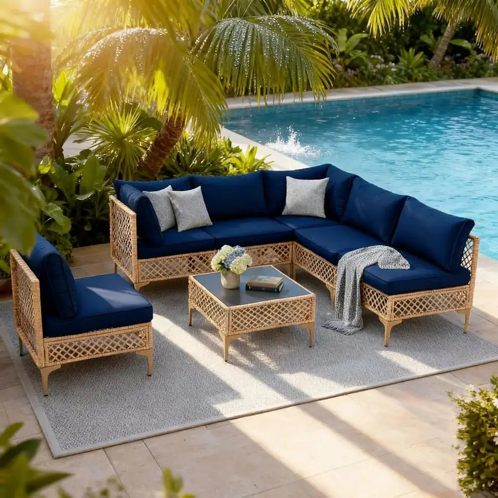 7-Piece Outdoor Patio Sectional Set with Water-Resistant Cushions and Coffee Table, Suitable for Garden, Yard, Poolside in Natur from PriceLows™