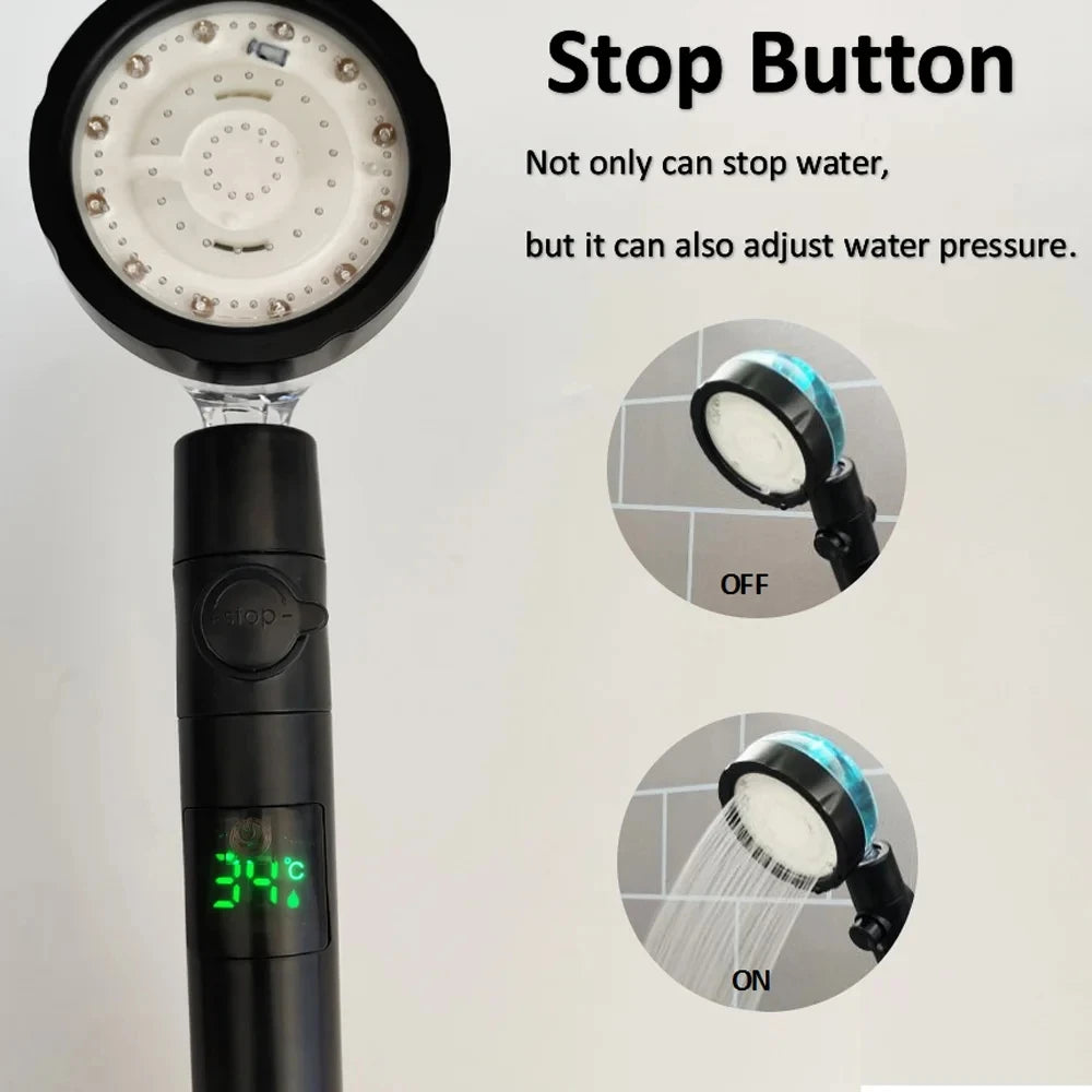 Shower Head Set | Digital Temperature LED | High Pressure Rainfall | Black Grey