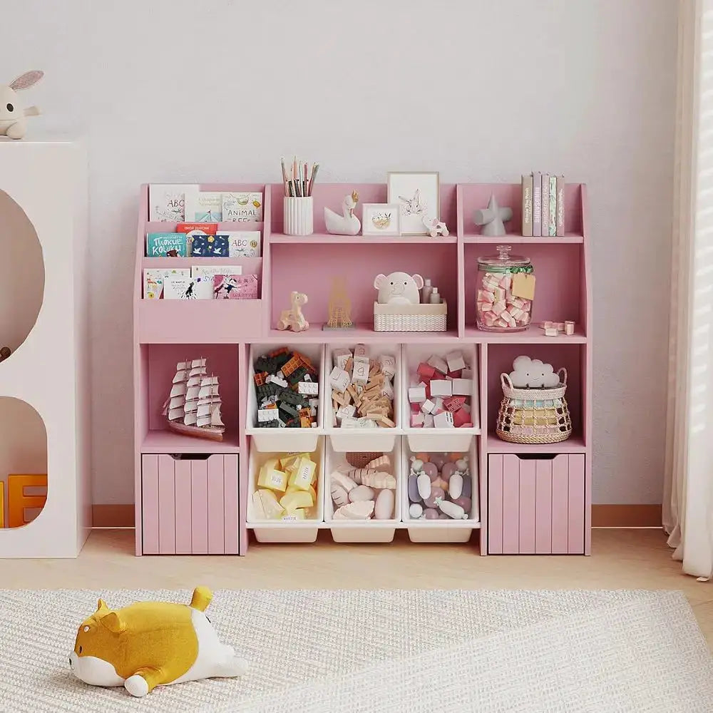Multi-Tier Wooden Bookshelf with Storage Bins and Anti-Tip Feature, Ideal for Rooms and Play Areas from PriceLows™