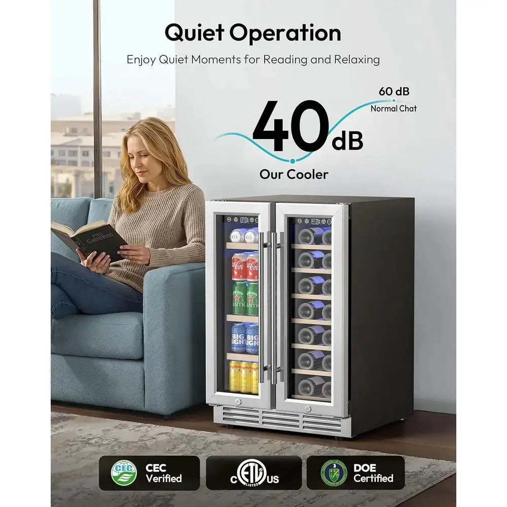 24 Dual Zone Wine & Beverage Cooler, Holds 21 Bottles + 88 Cans, Under-Counter Design with Blue LED Light from PriceLows™