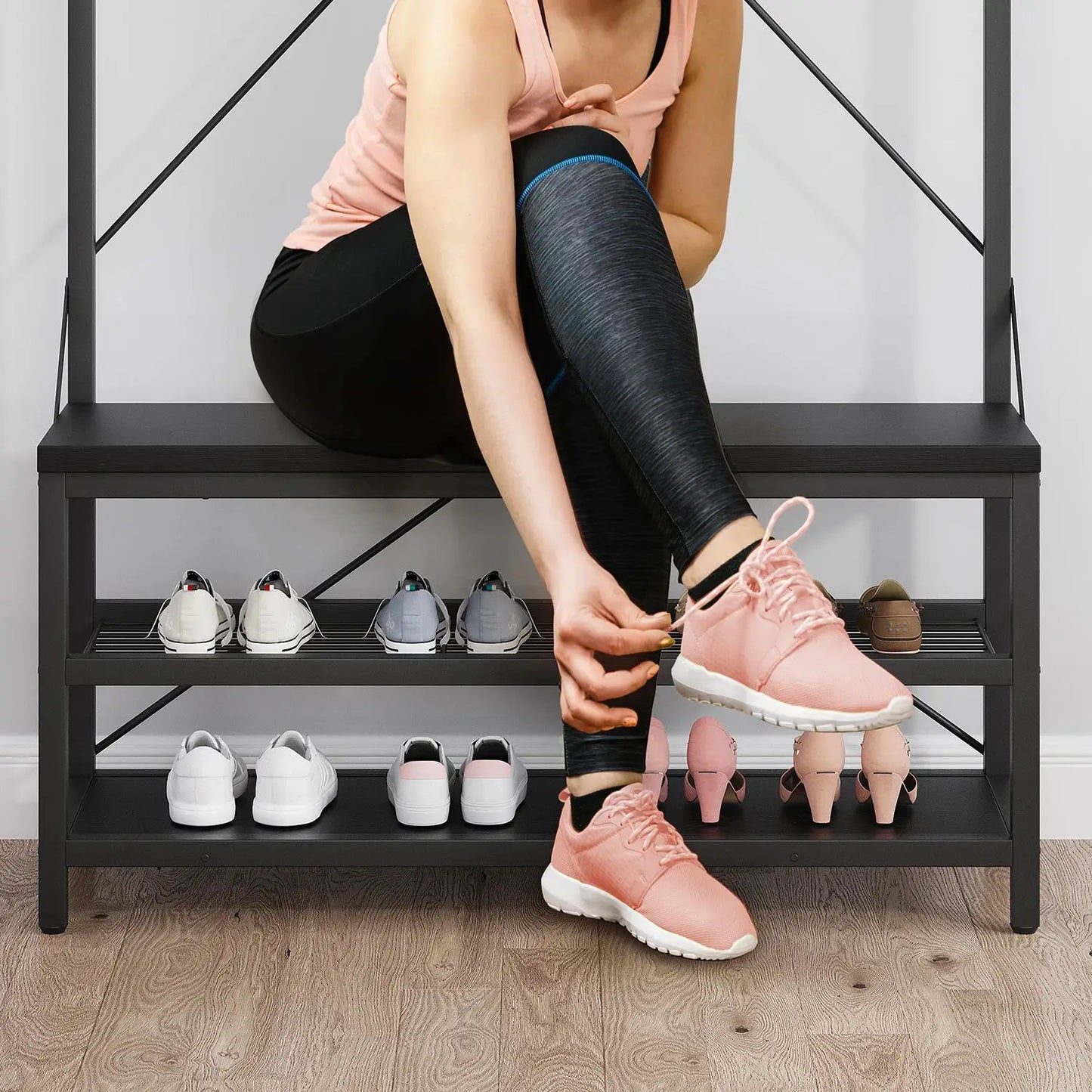 72Inch Tall Coat Rack 5-in-1 Shoe Rack Shoe Bench with Storage shelves 8 Hooks Industrial Accent Furniture Hallway Organizer from PriceLows™
