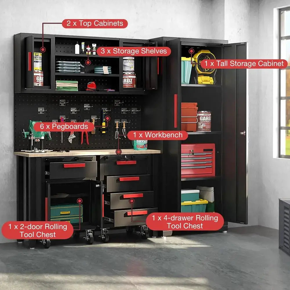 6-Piece Garage Organization Cabinet Set with Worktop, Pegboard, Rolling Chests, Lockers, and Tool Storage from PriceLows™