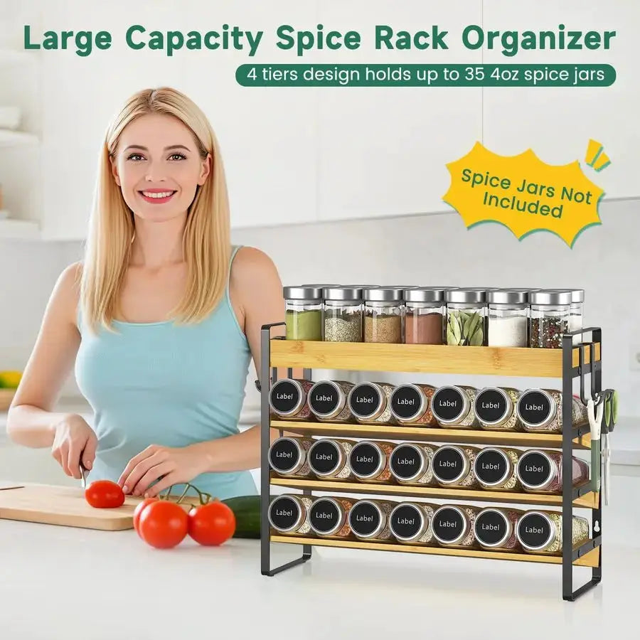 Spice Seasoning Rack Organizer Kitchen Countertop, 4 Tier Bamboo Spice Shelf Holder Storage with 4 Hooks, Wall Mounted Freestand from PriceLows™