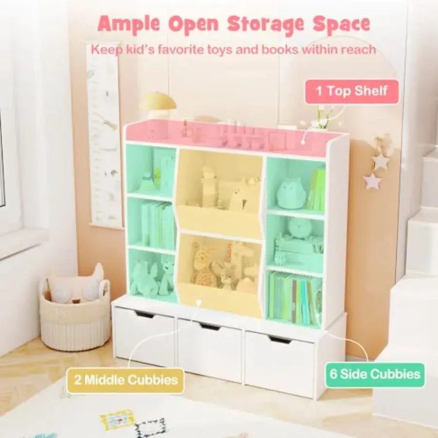 47 Toy Storage Organizer Large Bookcase with 3 Movable Drawers 8 Storage Cubbies Multi-Functional Bookshelf for Playroom Living from PriceLows™