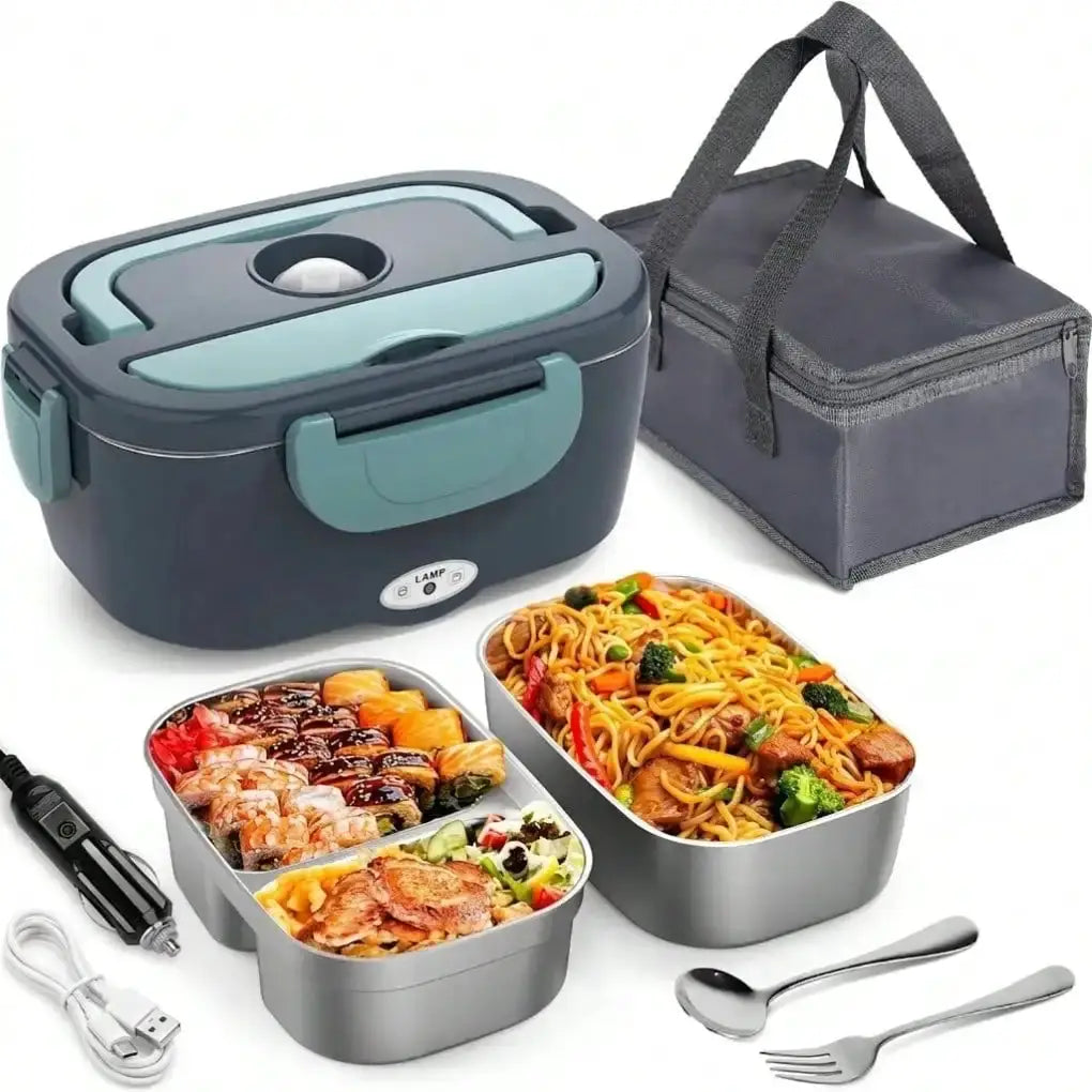 Electric Heating Lunch Box; 1.5L 304 Stainless Steel Dual Compartment Food Warmer, 12V Car Use, Portable Heated Bento Box With Fork, Spoon & Insulated Bag, Viral Must-Have For Office, Travel & Road Trips, Perfect Gift For Com from PriceLows™
