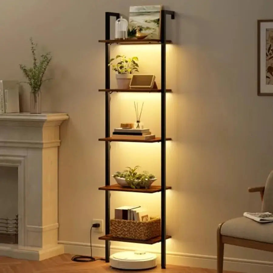 5-Tier Ladder Shelf with LED Light, Wall Mounted Ladder Bookshelf with Metal Frame, Wall Ladder Bookshelf for Living Room, Bedr from PriceLows™