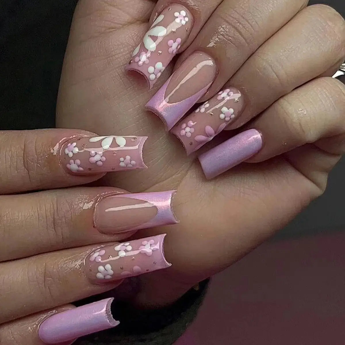 Short Almond Press On Nails | Pink Floral French | Reusable Full Cover | 24 Pcs