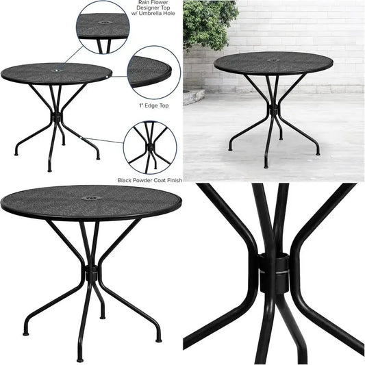 35.25 Round Black Steel Patio Table with Umbrella Hole for Indoor & Outdoor Use from PriceLows™