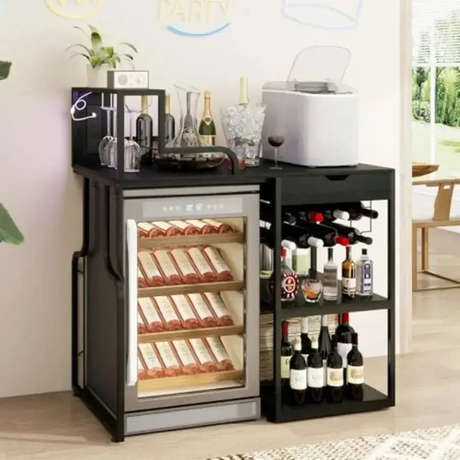 Wine Bar Cabinet with Mini Fridge Space and Pull-Out Drawer for Dorm Living Room Kitchen, Black Metal Wood, LED Light, Whiskey from PriceLows™