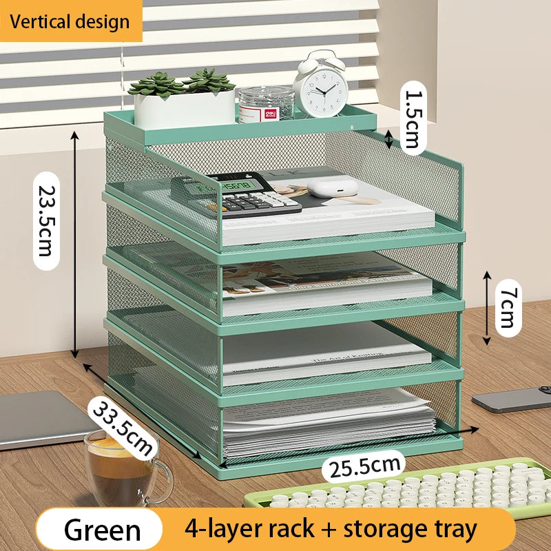 Stackable Letter Tray | 4-Tier | Green Metal | Pen Holder Included