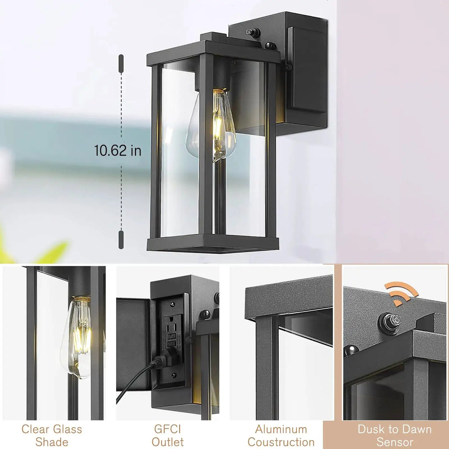 Porch Light With GFCI Outlet Dusk To Dawn Outdoor Light Exterior Lighting Fixtures Wall Mount For House Patio Garage Hallway from PriceLows™