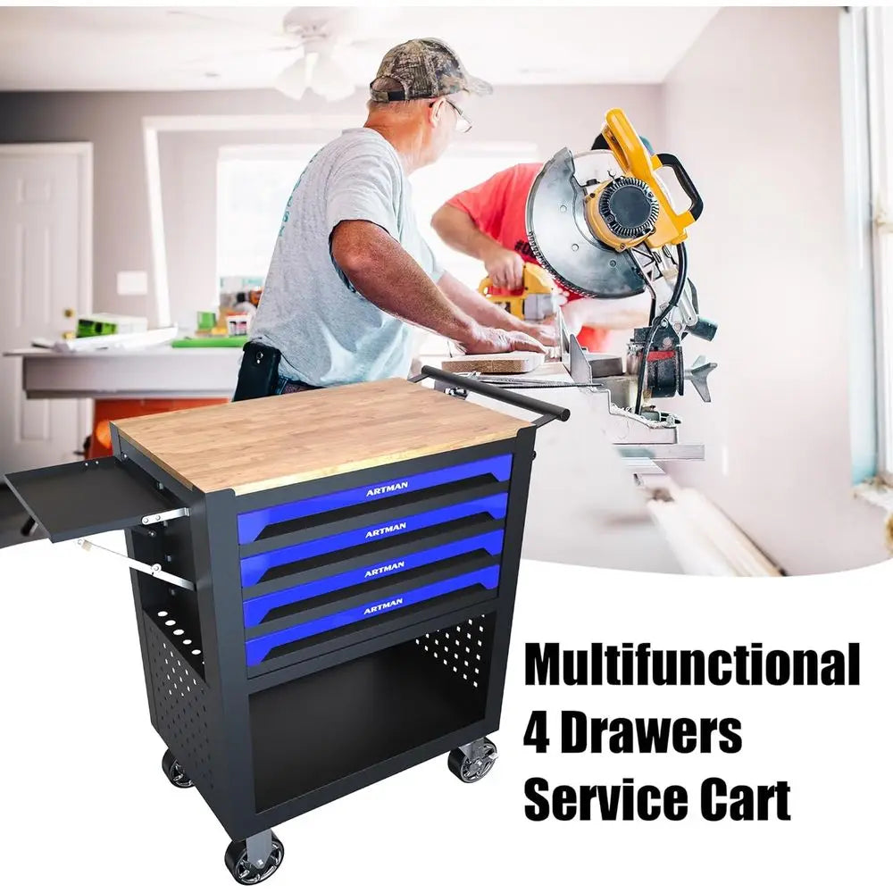 Portable 4-Drawer Rolling Tool Chest with Wooden Top, Blue Mechanic Workbench for Garage and Repair Shop Storage from PriceLows™