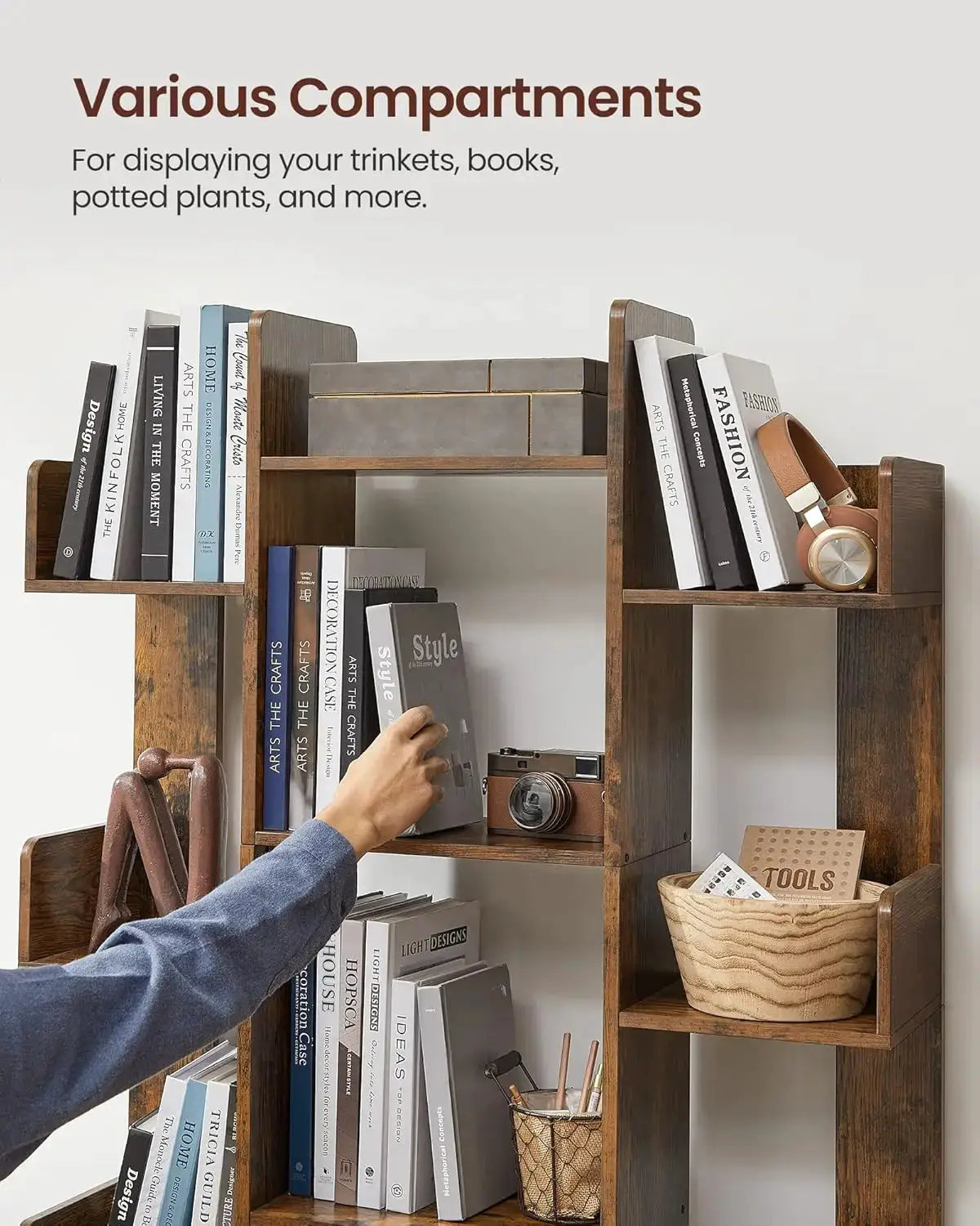 Tree-Shaped Bookcase with 13 Shelves, Rustic Brown, Compact Design for Home Storage from PriceLows™