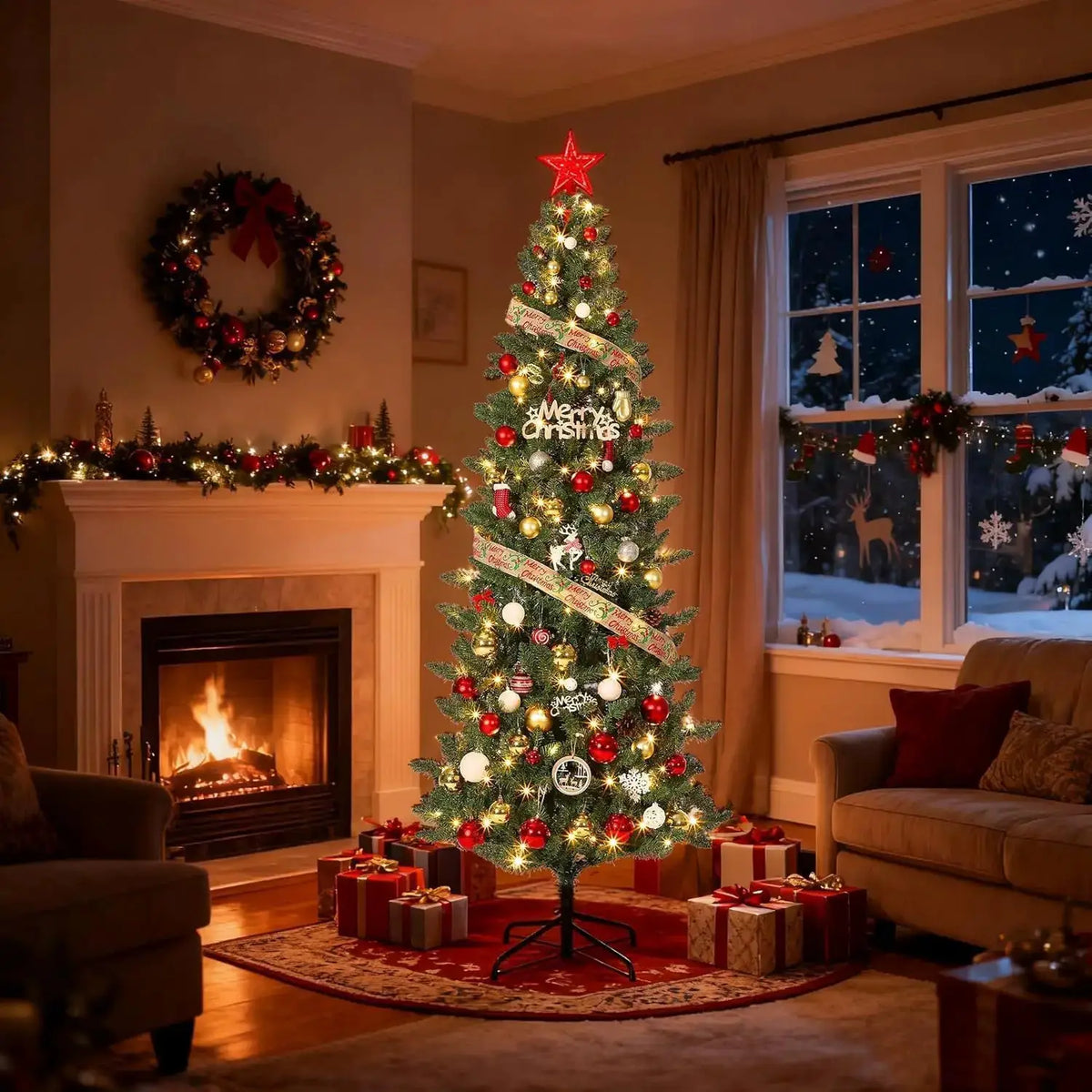 Artificial Pencil Tree | Pre Lit With 120 Warm Lights | 9 Height Levels | Up To 9 Feet