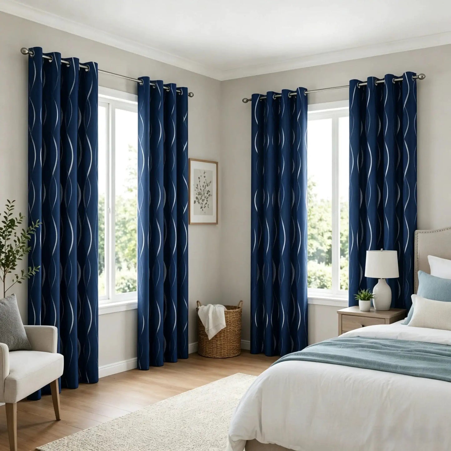 4 Panels Blackout Curtains Silver Wave Foil Design Grommet Top Window Treatment 5 Colors Available Room Darkening Thermal Insulated Indoor Outdoor Curtains from PriceLows™