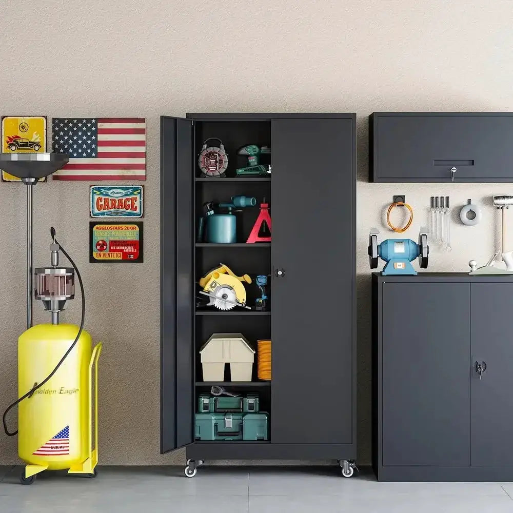 75 Tall Heavy-Duty Locking Metal Storage Cabinet with 2 Doors and 4 Adjustable Shelves for Garage or Office Use (Black) from PriceLows™