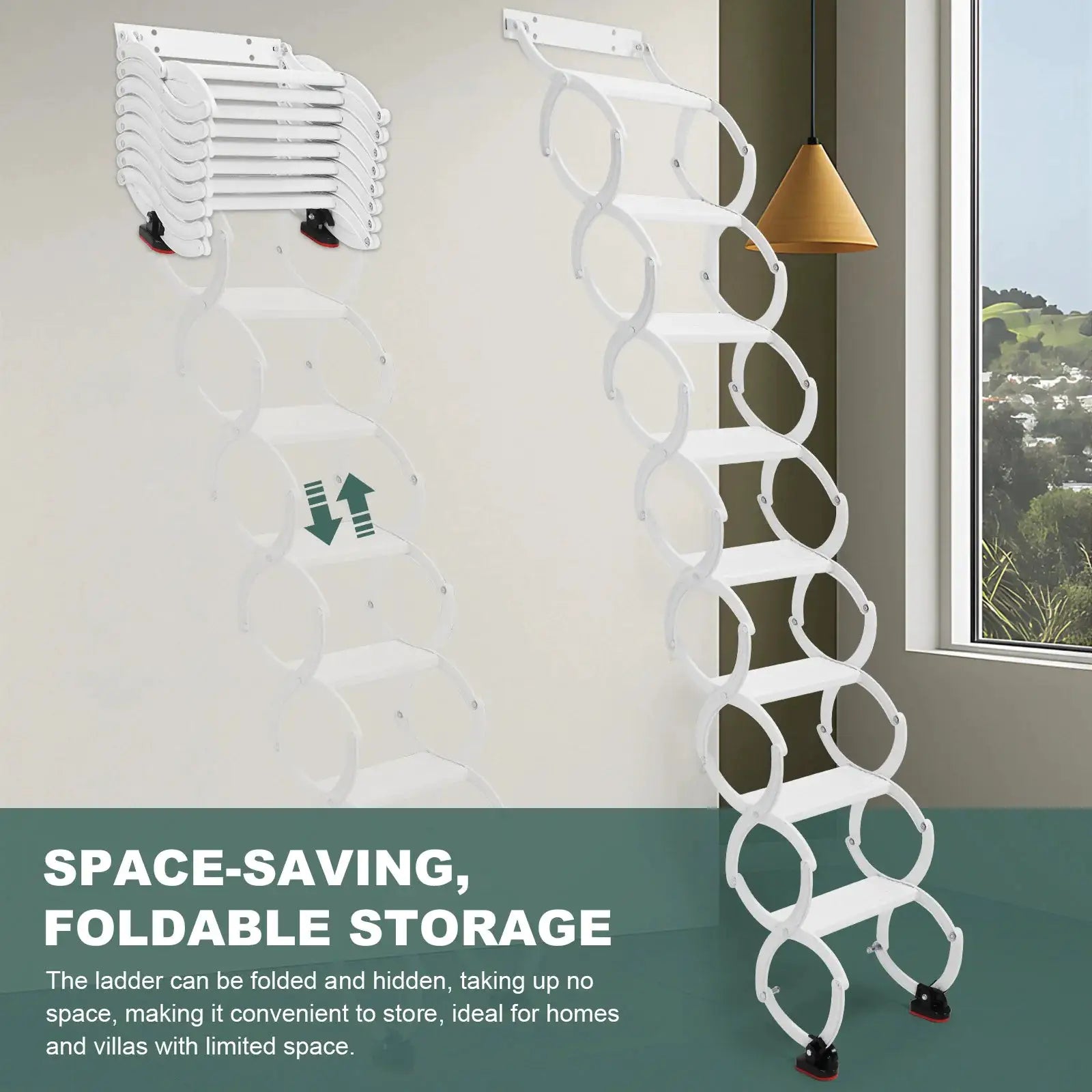 5-8 Steps Wall Mounted Pull-Down System Attic Ladders Anti-Slip Steps Retractable Ladder 49in-78in Vertical Height for Garages from PriceLows™