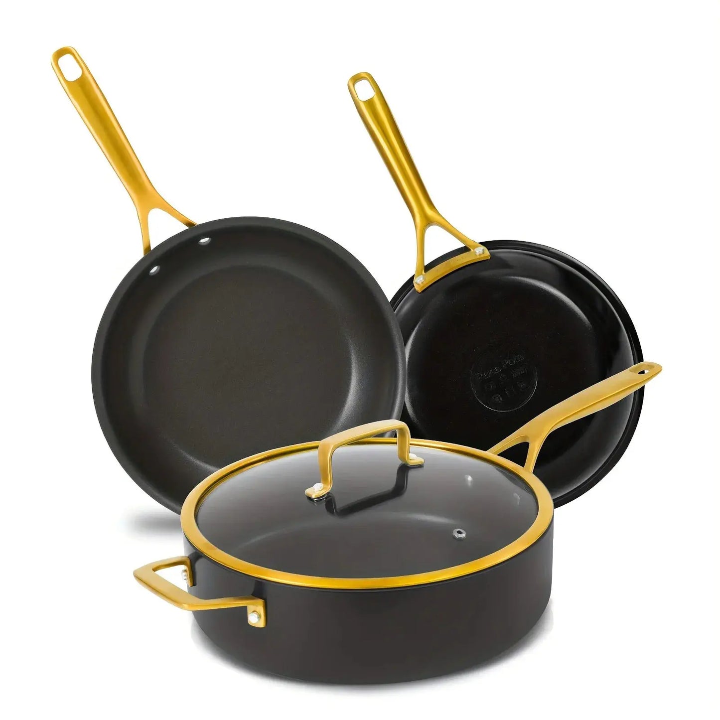 4pcs Hard Anodized Nonstick Cookware Set - Black Pots & Pans with Golden Stainless Steel Handles, Oven & Dishwasher Safe from PriceLows™