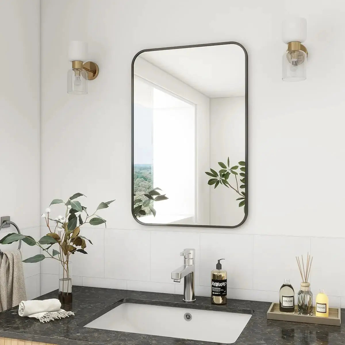 20" x 28" Rectangular Aluminum Alloy Frame Wall Mounted Bathroom Mirror with Rounded Corners from PriceLows™