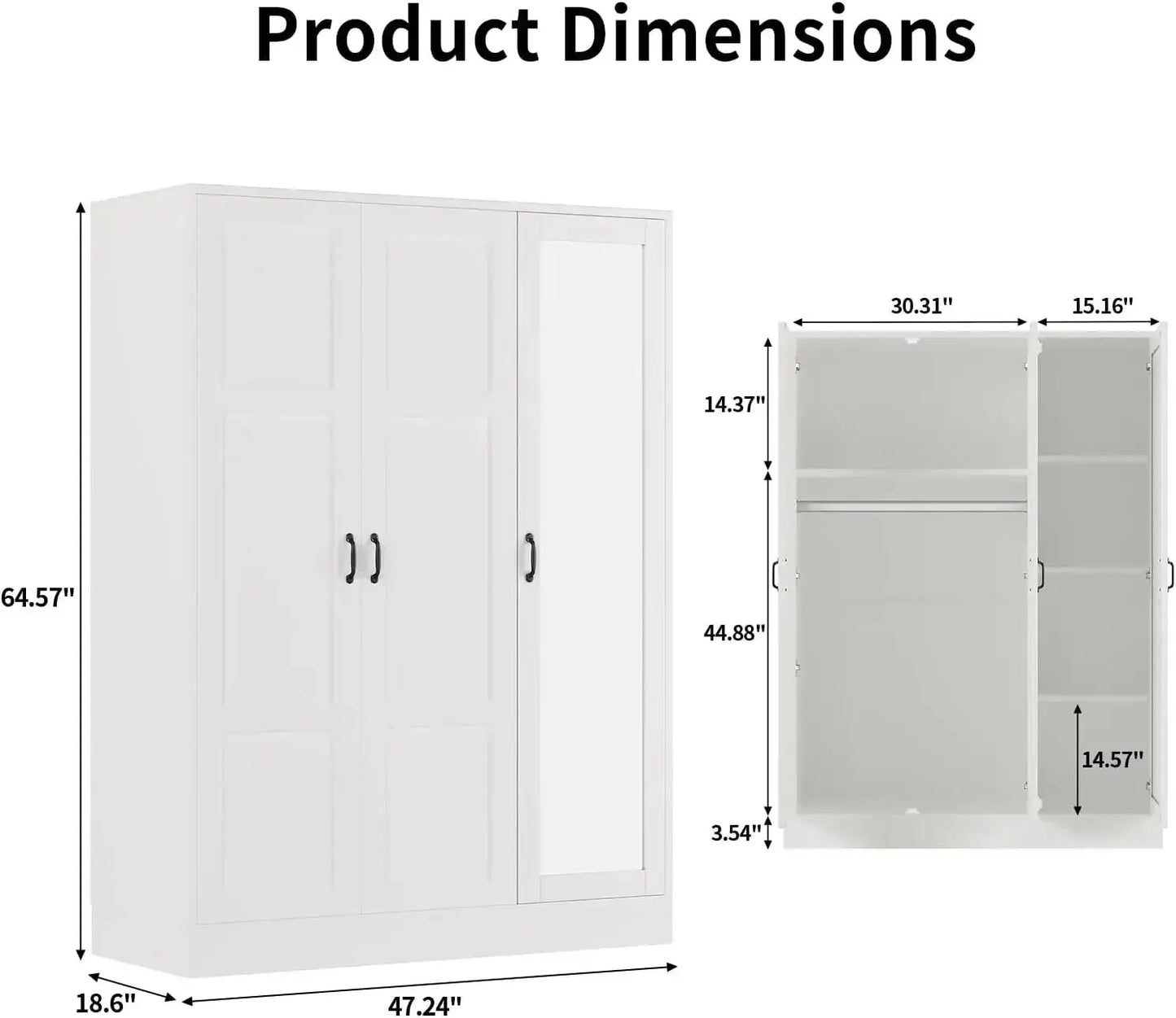 3-Door Armoire with Full-Length Mirror, Adjustable Shelves & Hanging Rod, Freestanding Storage Cabinet for Bedroom, White from PriceLows™