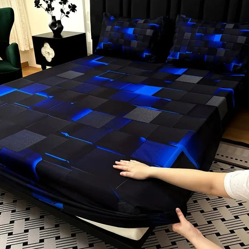 3pcs Cool Technology Digital Printing Material Plaid Fitted Sheet(1pc Bed Sheet+2pcs Pillowcase No Filling) Deep Pocket In 15 In from PriceLows™